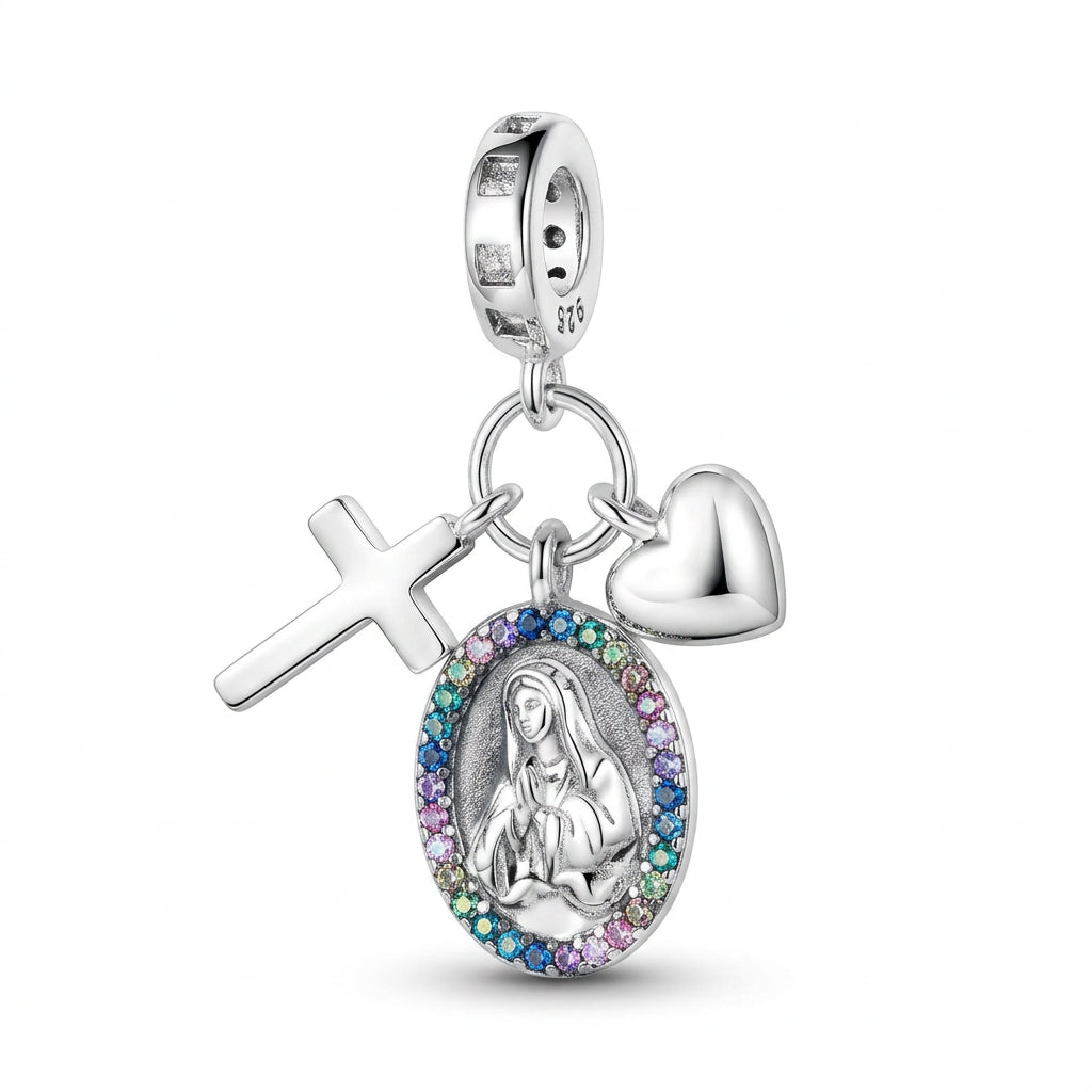 Charm Cruz, Corazón y Virgen Plata S925