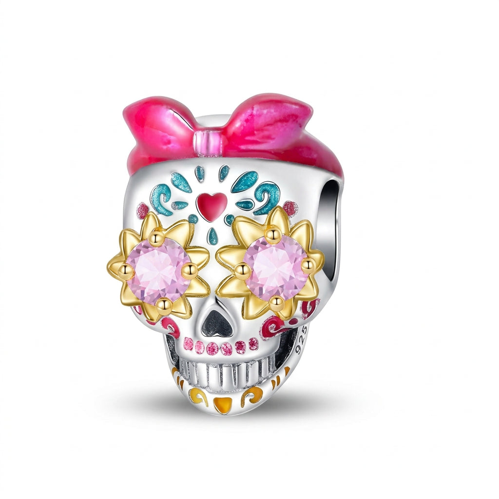 Charm Calavera con Moño Rosa Plata S925