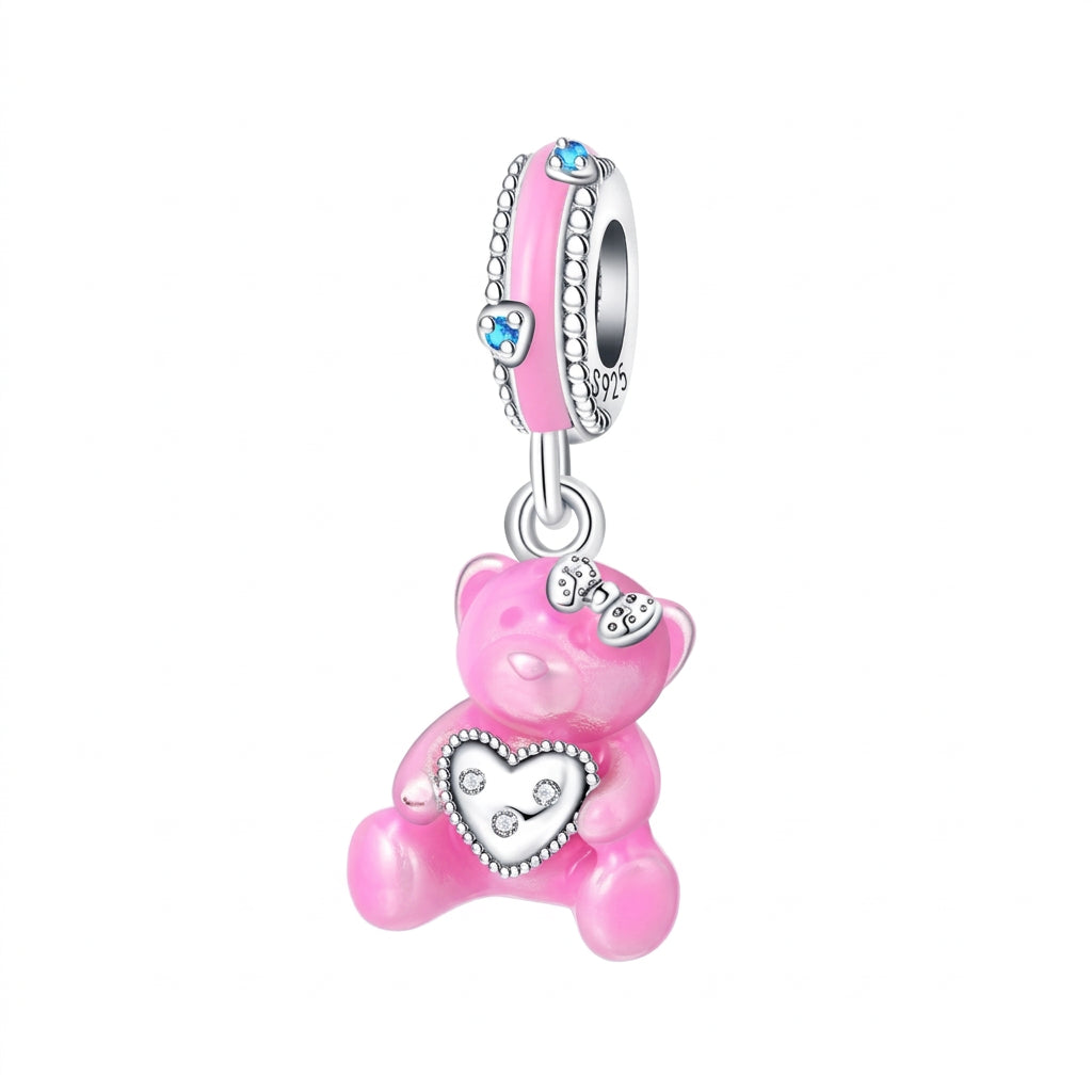 Charm Osito Rosa con Corazón Plata S925